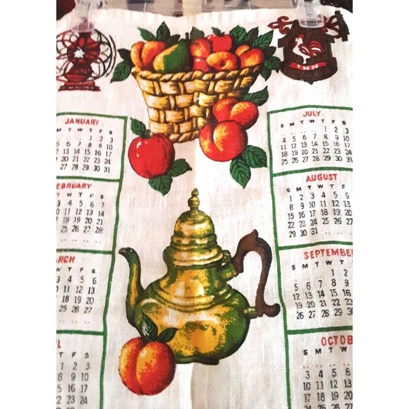 Wall Calendar 1976 Linen Kitchen Tea Towel 16x27 Peaches Teapot Flowers Blessing - Picture 2 of 12